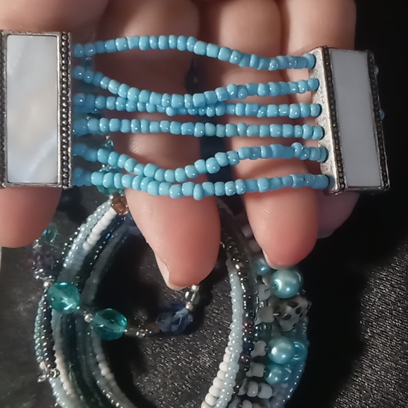 Wrapped stacked & layered lot of 3 bracelets beautiful blues & mother of pearl - Picture 5 of 6
